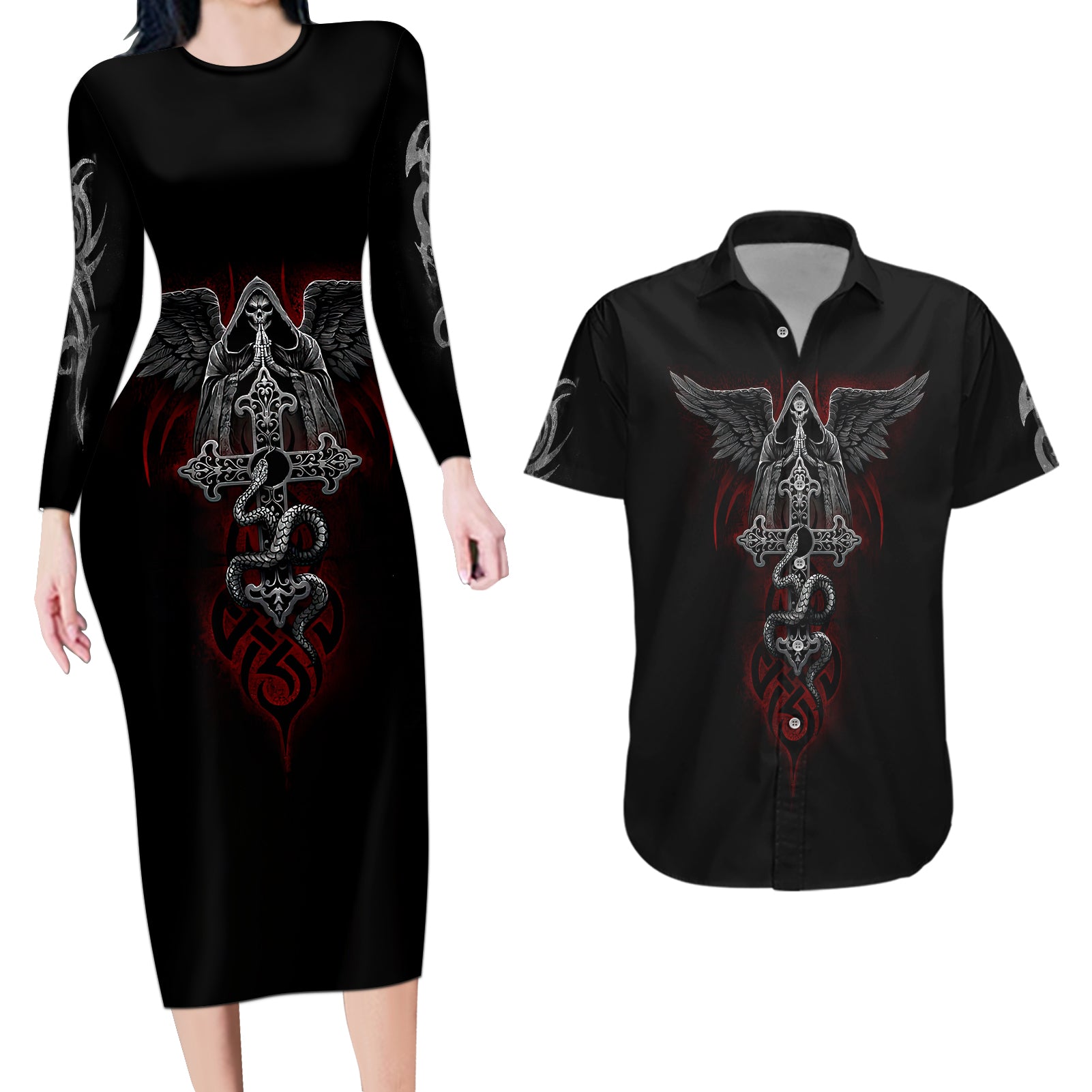 skull-couples-matching-long-sleeve-bodycon-dress-and-hawaiian-shirt-cross-snake-bloody-skull