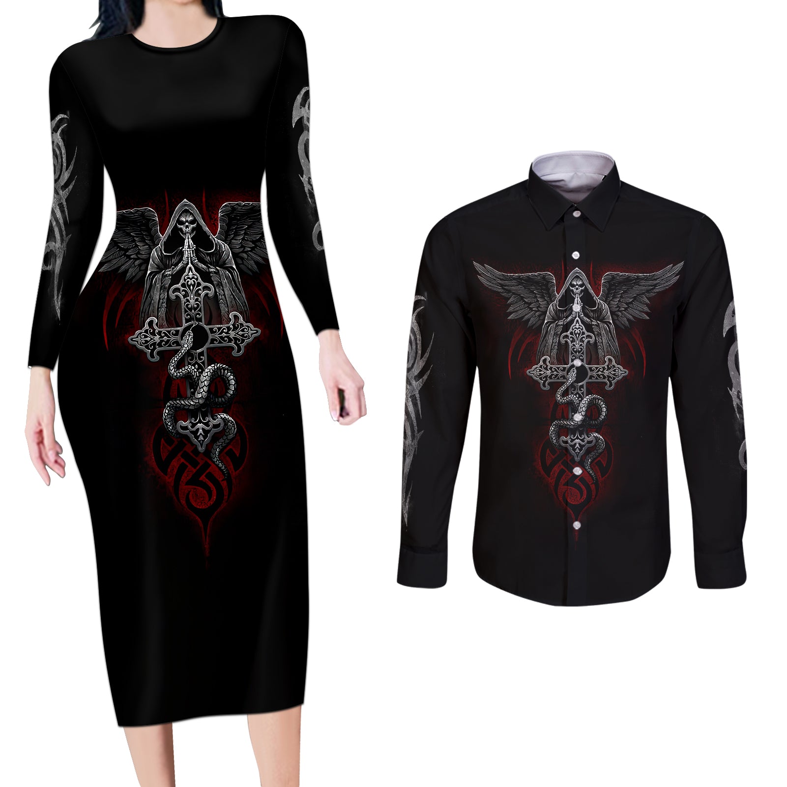 skull-couples-matching-long-sleeve-bodycon-dress-and-long-sleeve-button-shirts-cross-snake-bloody-skull