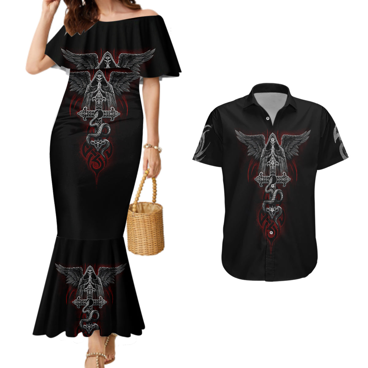 skull-couples-matching-mermaid-dress-and-hawaiian-shirt-cross-snake-bloody-skull