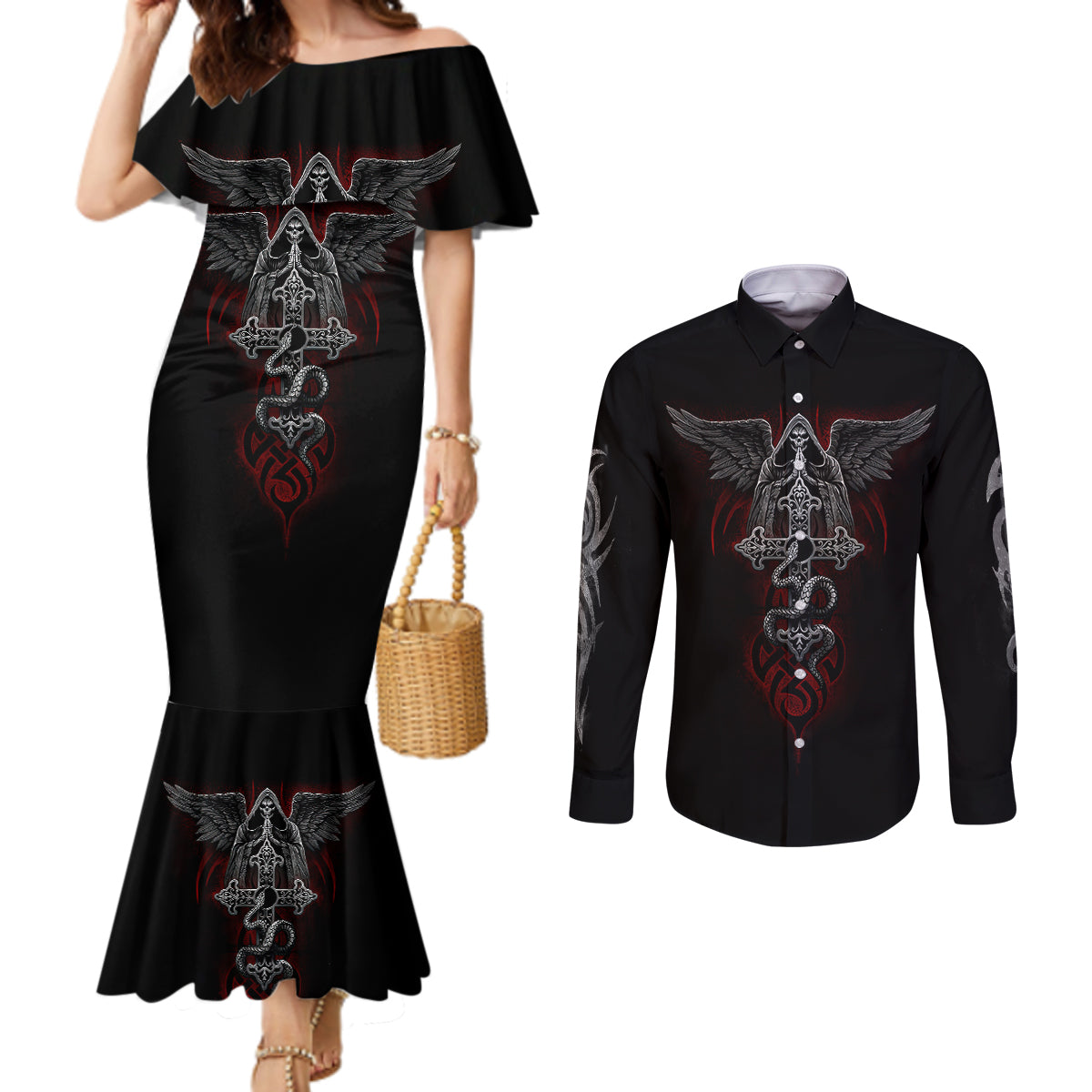 skull-couples-matching-mermaid-dress-and-long-sleeve-button-shirts-cross-snake-bloody-skull