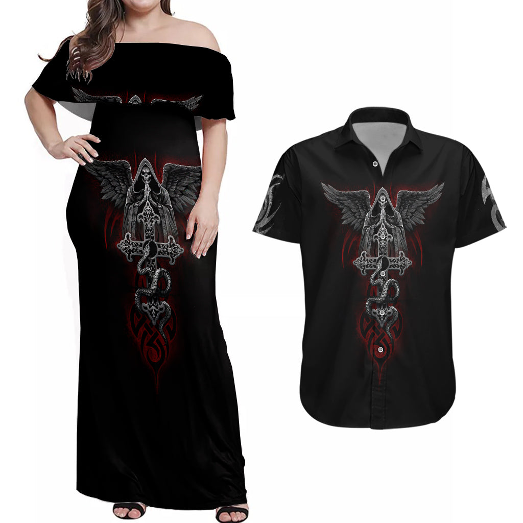 skull-couples-matching-off-shoulder-maxi-dress-and-hawaiian-shirt-cross-snake-bloody-skull