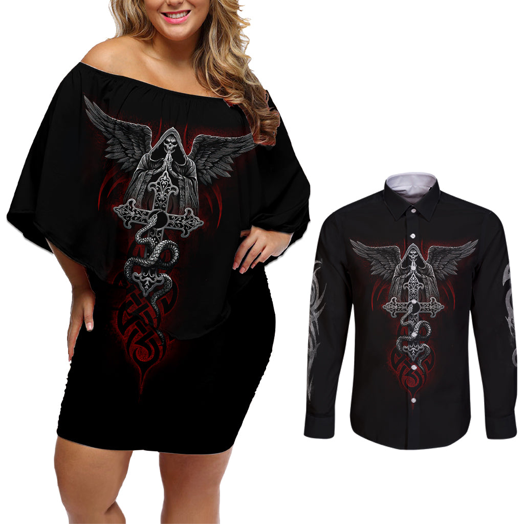 skull-couples-matching-off-shoulder-short-dress-and-long-sleeve-button-shirts-cross-snake-bloody-skull