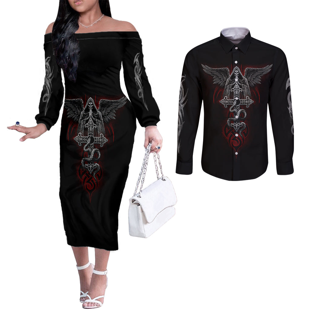 skull-couples-matching-off-the-shoulder-long-sleeve-dress-and-long-sleeve-button-shirts-cross-snake-bloody-skull