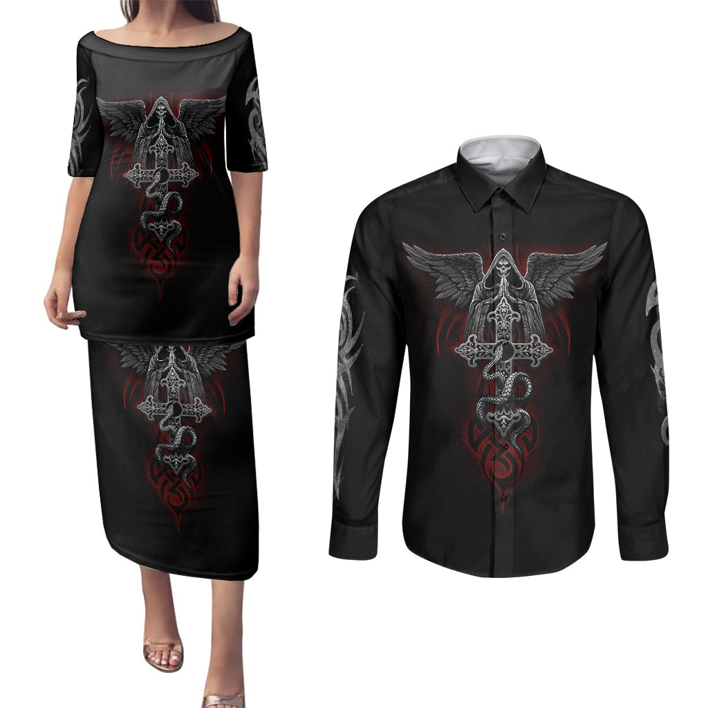 skull-couples-matching-puletasi-dress-and-long-sleeve-button-shirts-cross-snake-bloody-skull