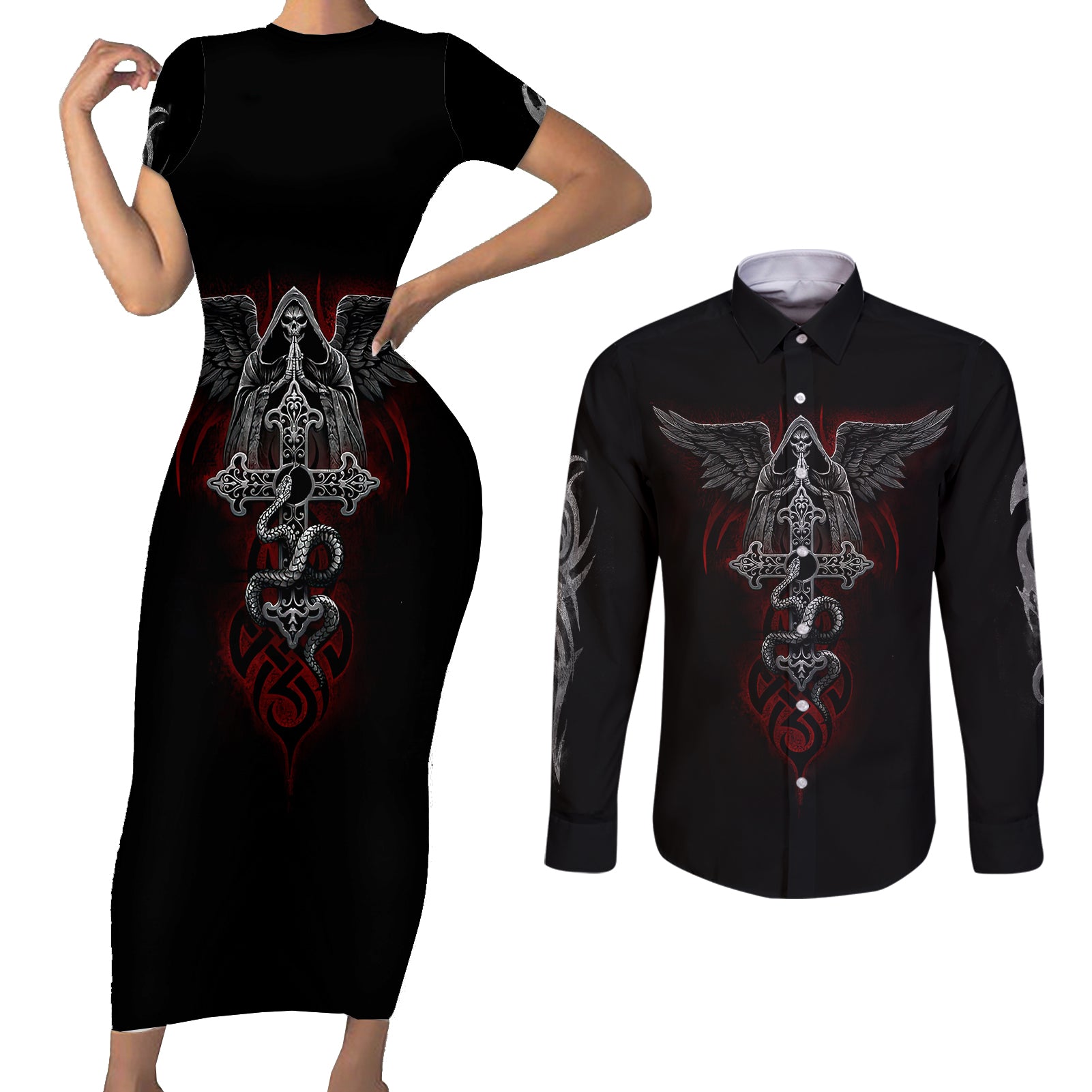 skull-couples-matching-short-sleeve-bodycon-dress-and-long-sleeve-button-shirts-cross-snake-bloody-skull