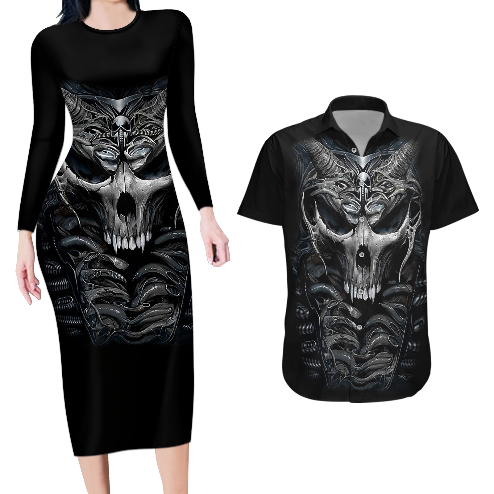 skull-couples-matching-long-sleeve-bodycon-dress-and-hawaiian-shirt-skeleton-inside