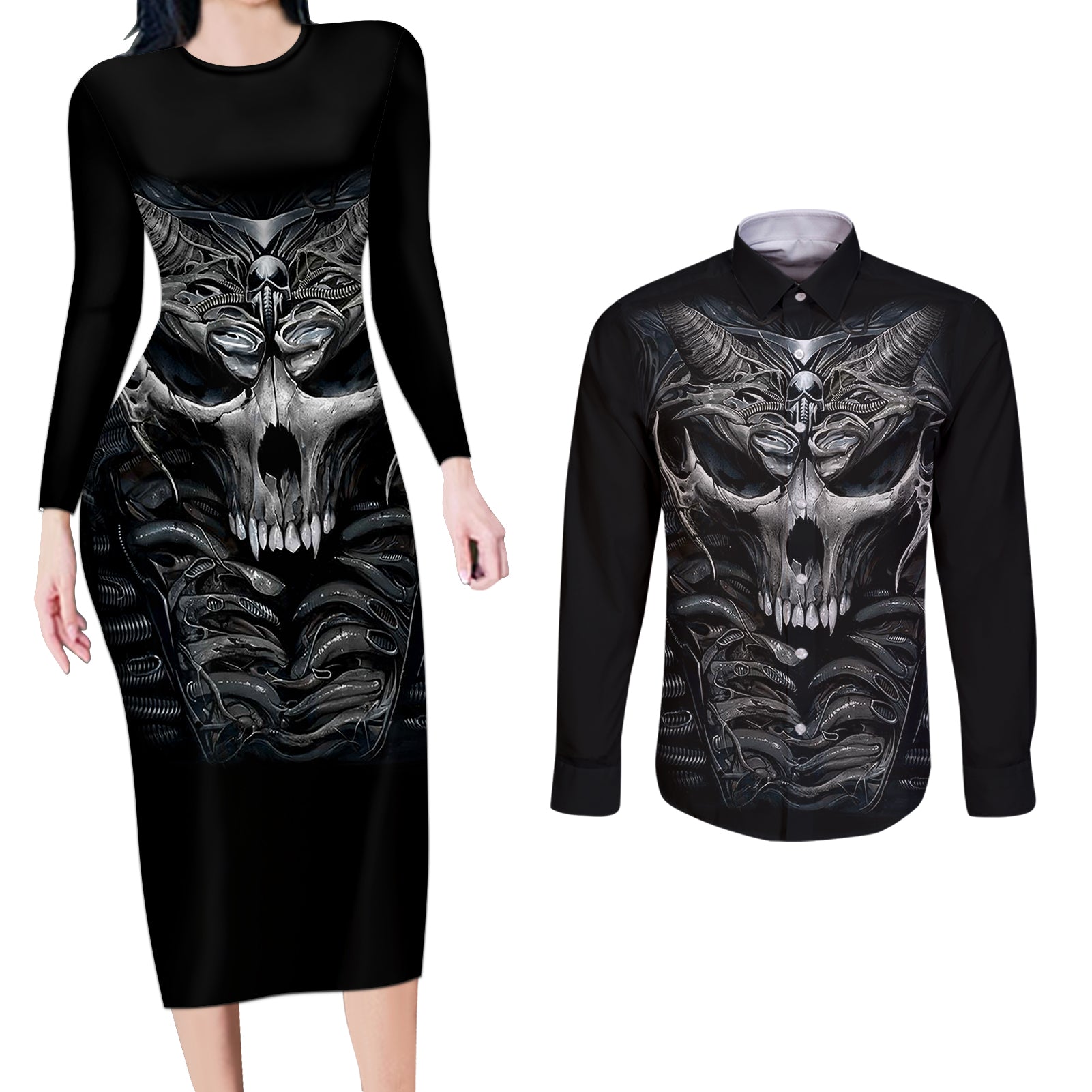 skull-couples-matching-long-sleeve-bodycon-dress-and-long-sleeve-button-shirts-skeleton-inside