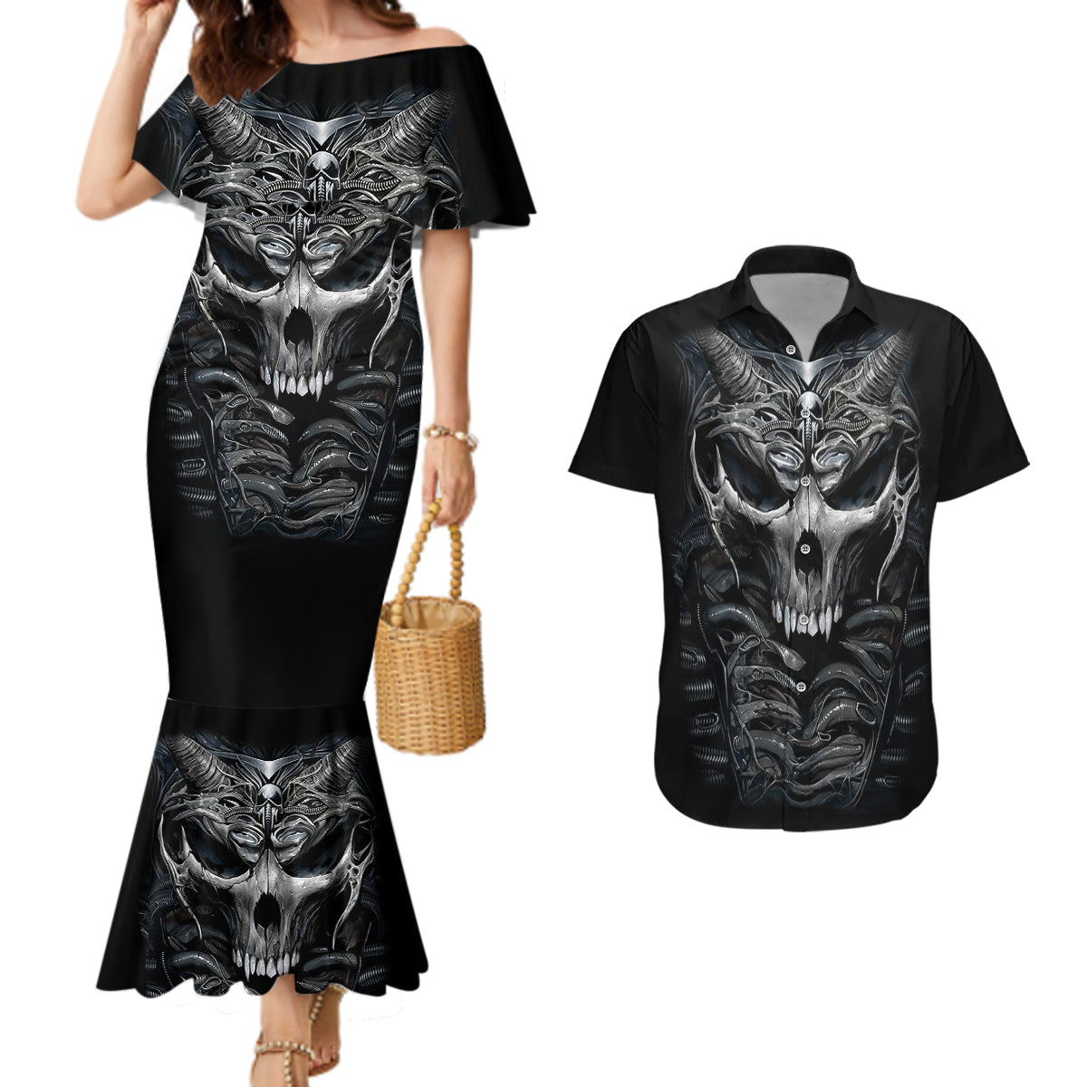 skull-couples-matching-mermaid-dress-and-hawaiian-shirt-skeleton-inside