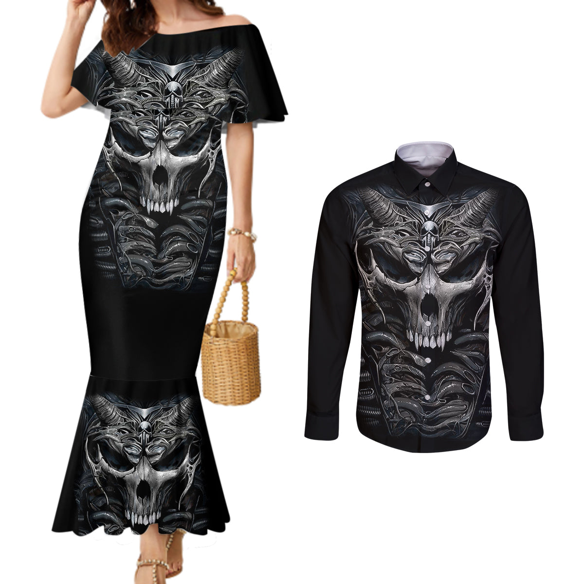 skull-couples-matching-mermaid-dress-and-long-sleeve-button-shirts-skeleton-inside