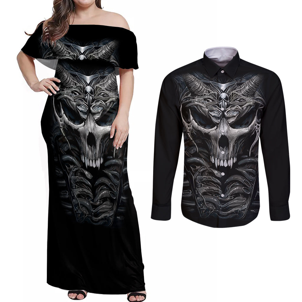 skull-couples-matching-off-shoulder-maxi-dress-and-long-sleeve-button-shirts-skeleton-inside