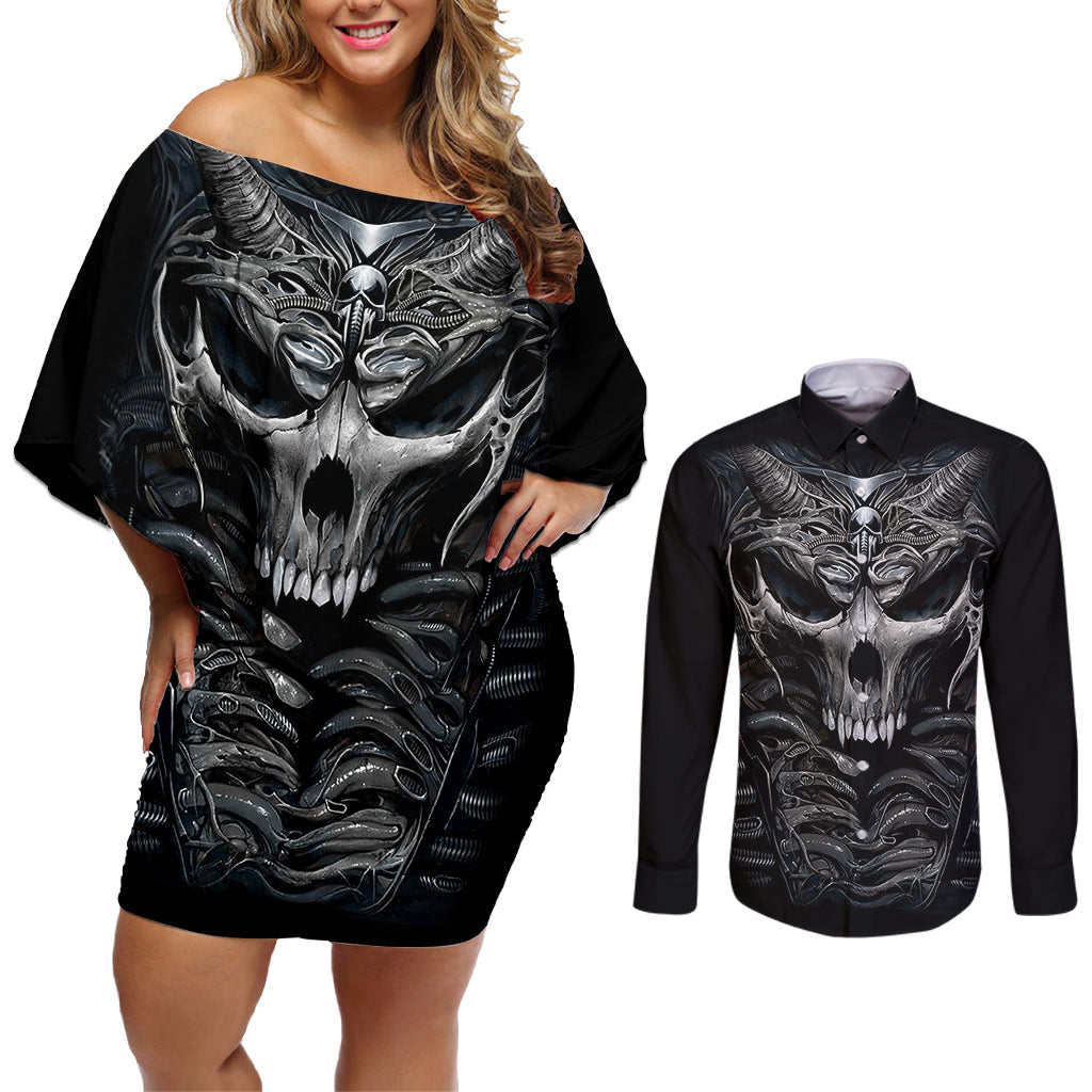 skull-couples-matching-off-shoulder-short-dress-and-long-sleeve-button-shirts-skeleton-inside