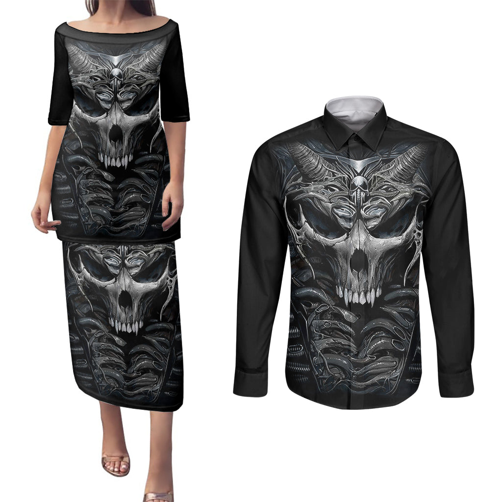 skull-couples-matching-puletasi-dress-and-long-sleeve-button-shirts-skeleton-inside