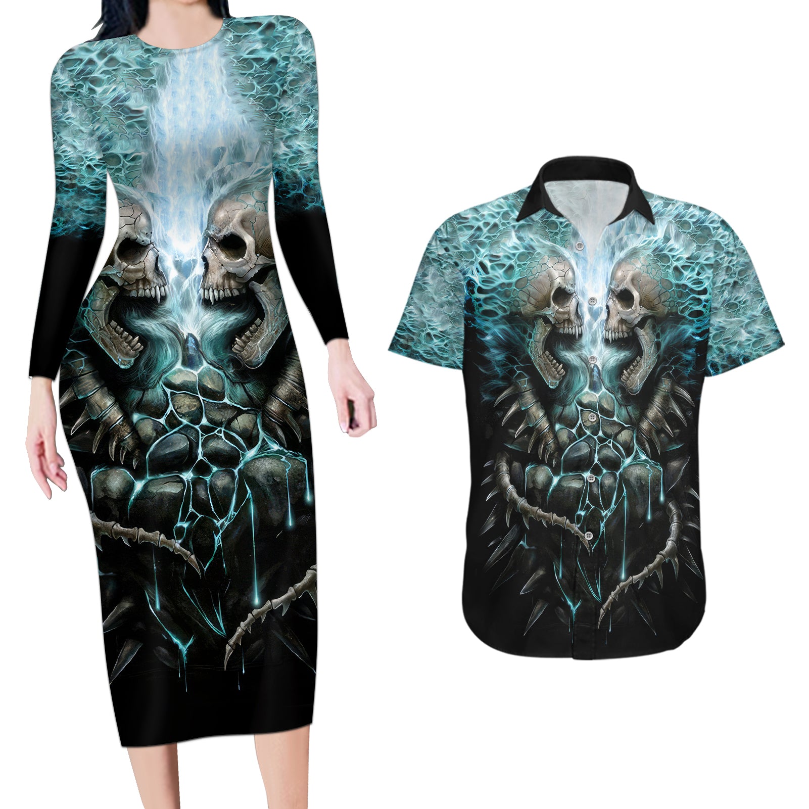 flame-twin-skull-couples-matching-long-sleeve-bodycon-dress-and-hawaiian-shirt-skeleton-inside