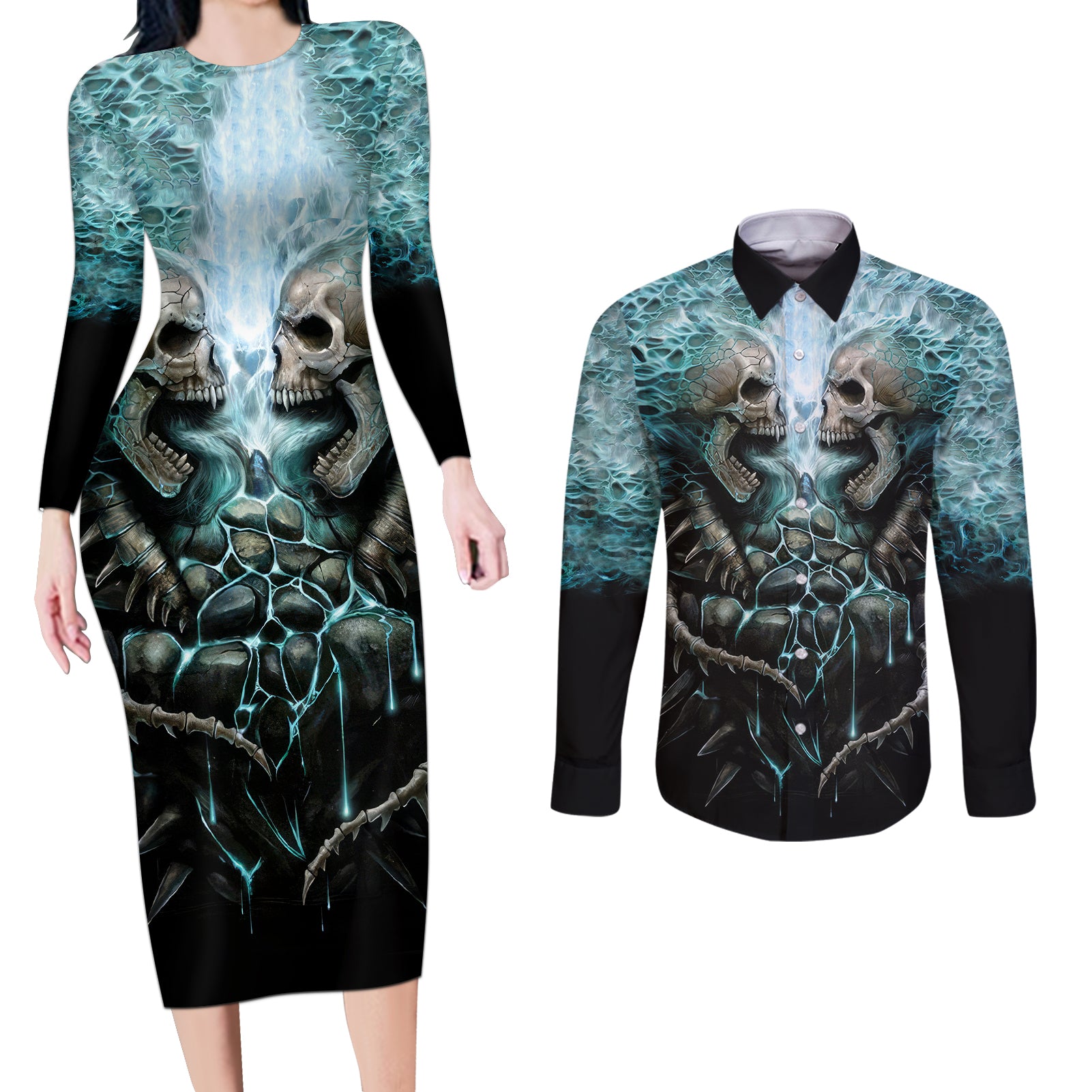 flame-twin-skull-couples-matching-long-sleeve-bodycon-dress-and-long-sleeve-button-shirts-skeleton-inside