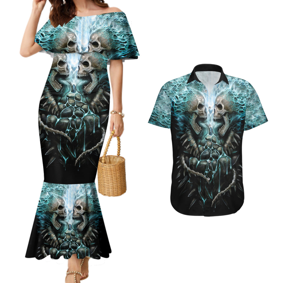 flame-twin-skull-couples-matching-mermaid-dress-and-hawaiian-shirt-skeleton-inside