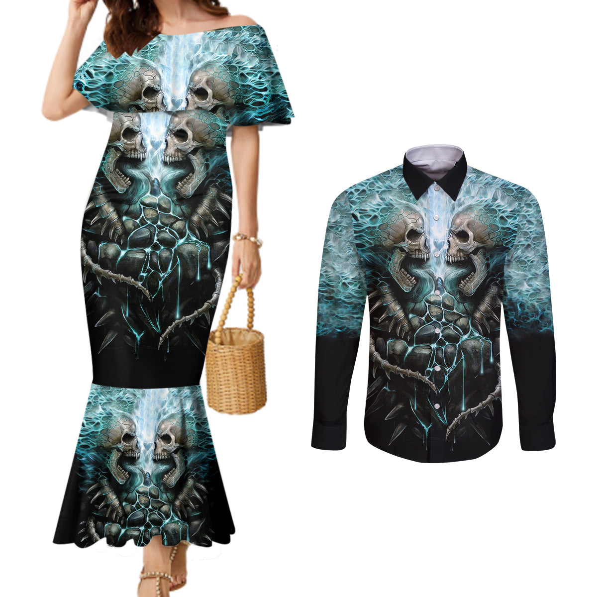 flame-twin-skull-couples-matching-mermaid-dress-and-long-sleeve-button-shirts-skeleton-inside