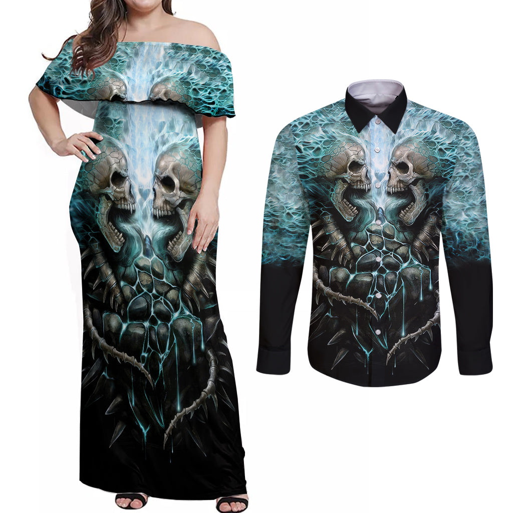 flame-twin-skull-couples-matching-off-shoulder-maxi-dress-and-long-sleeve-button-shirts-skeleton-inside