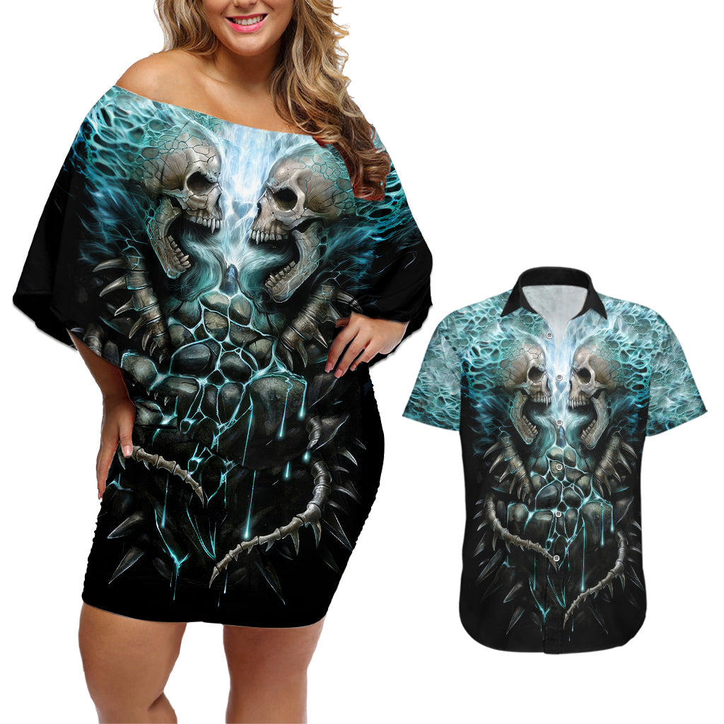 flame-twin-skull-couples-matching-off-shoulder-short-dress-and-hawaiian-shirt-skeleton-inside