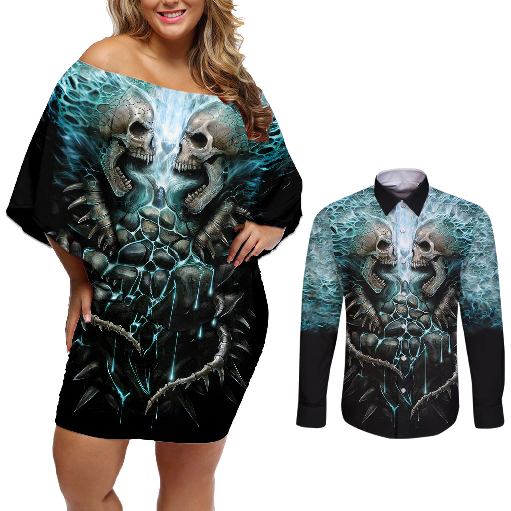 flame-twin-skull-couples-matching-off-shoulder-short-dress-and-long-sleeve-button-shirts-skeleton-inside