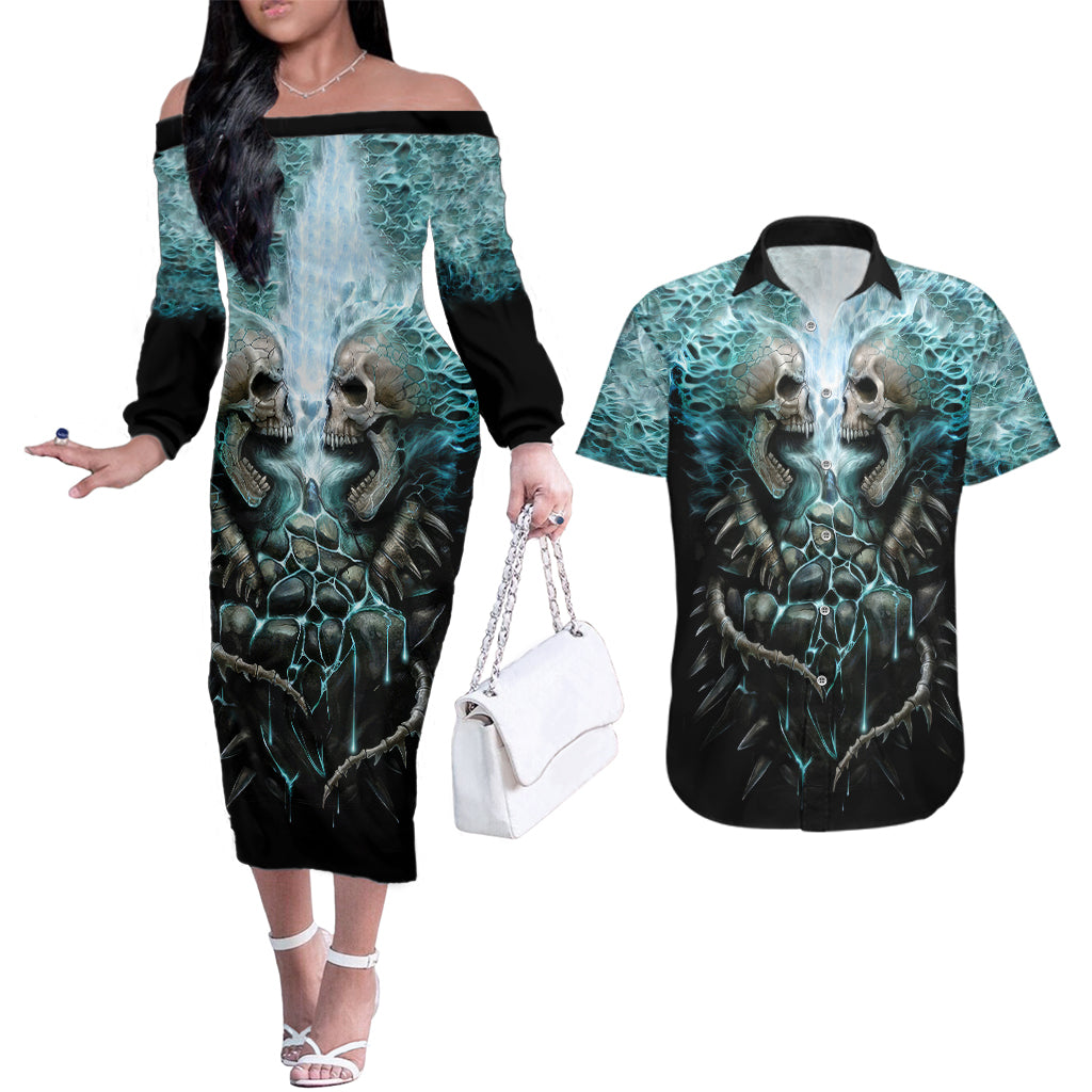 flame-twin-skull-couples-matching-off-the-shoulder-long-sleeve-dress-and-hawaiian-shirt-skeleton-inside