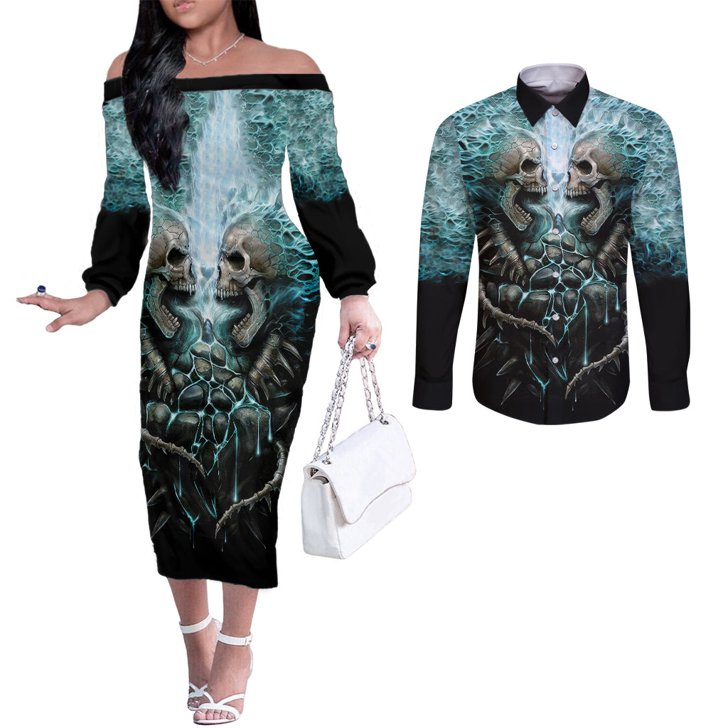 flame-twin-skull-couples-matching-off-the-shoulder-long-sleeve-dress-and-long-sleeve-button-shirts-skeleton-inside