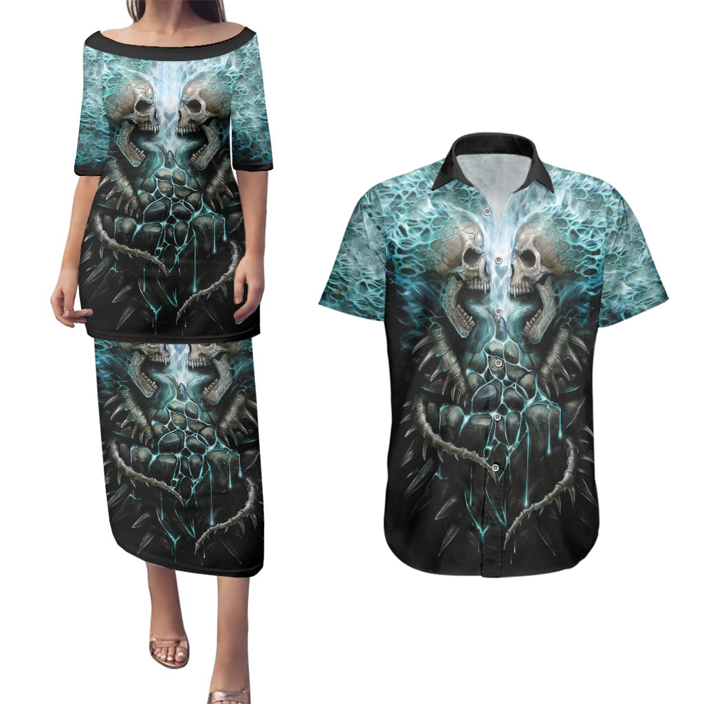 flame-twin-skull-couples-matching-puletasi-dress-and-hawaiian-shirt-skeleton-inside