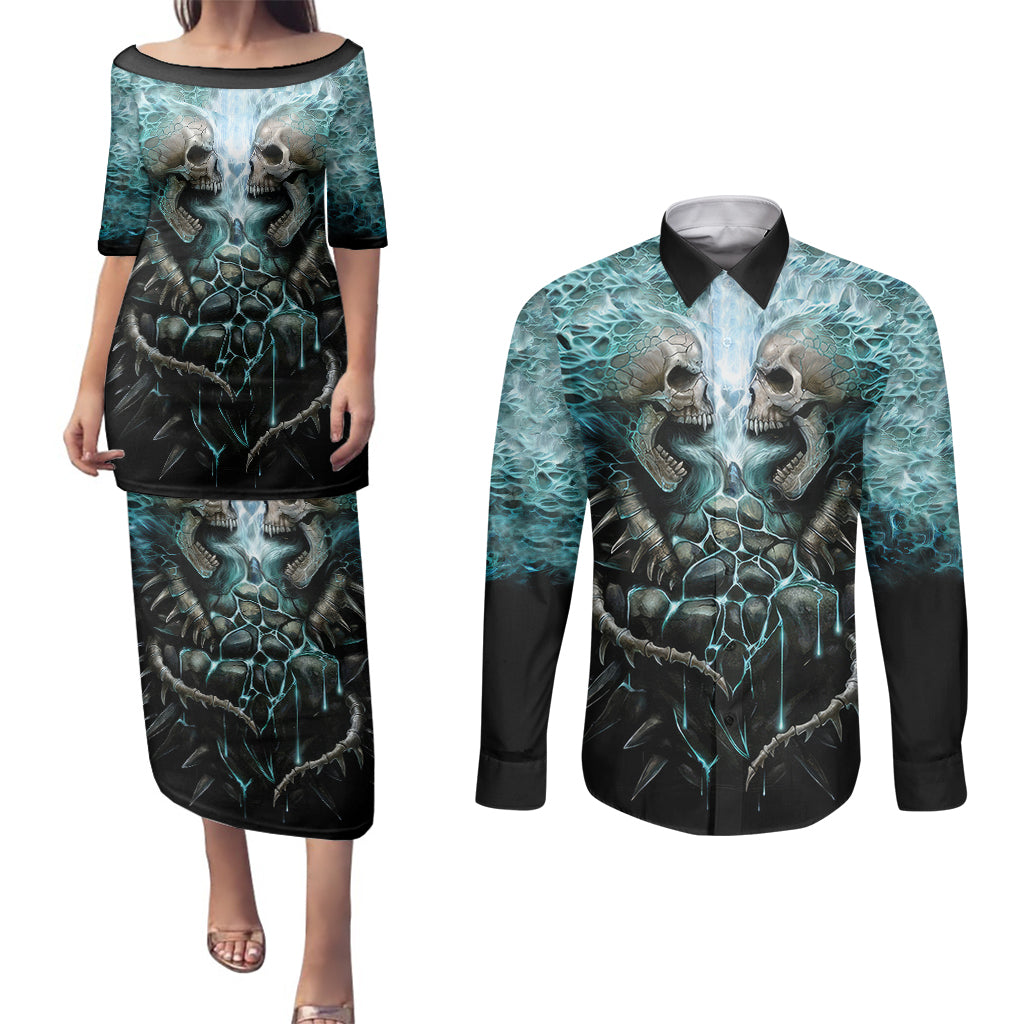 flame-twin-skull-couples-matching-puletasi-dress-and-long-sleeve-button-shirts-skeleton-inside