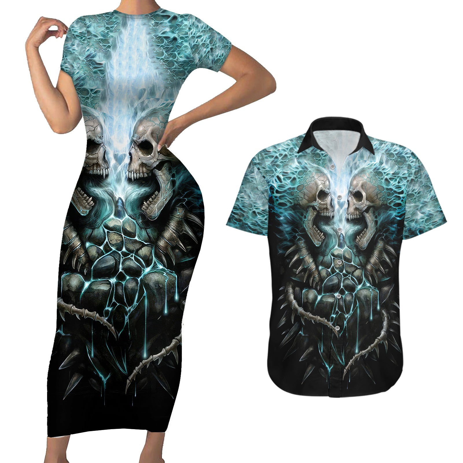 flame-twin-skull-couples-matching-short-sleeve-bodycon-dress-and-hawaiian-shirt-skeleton-inside