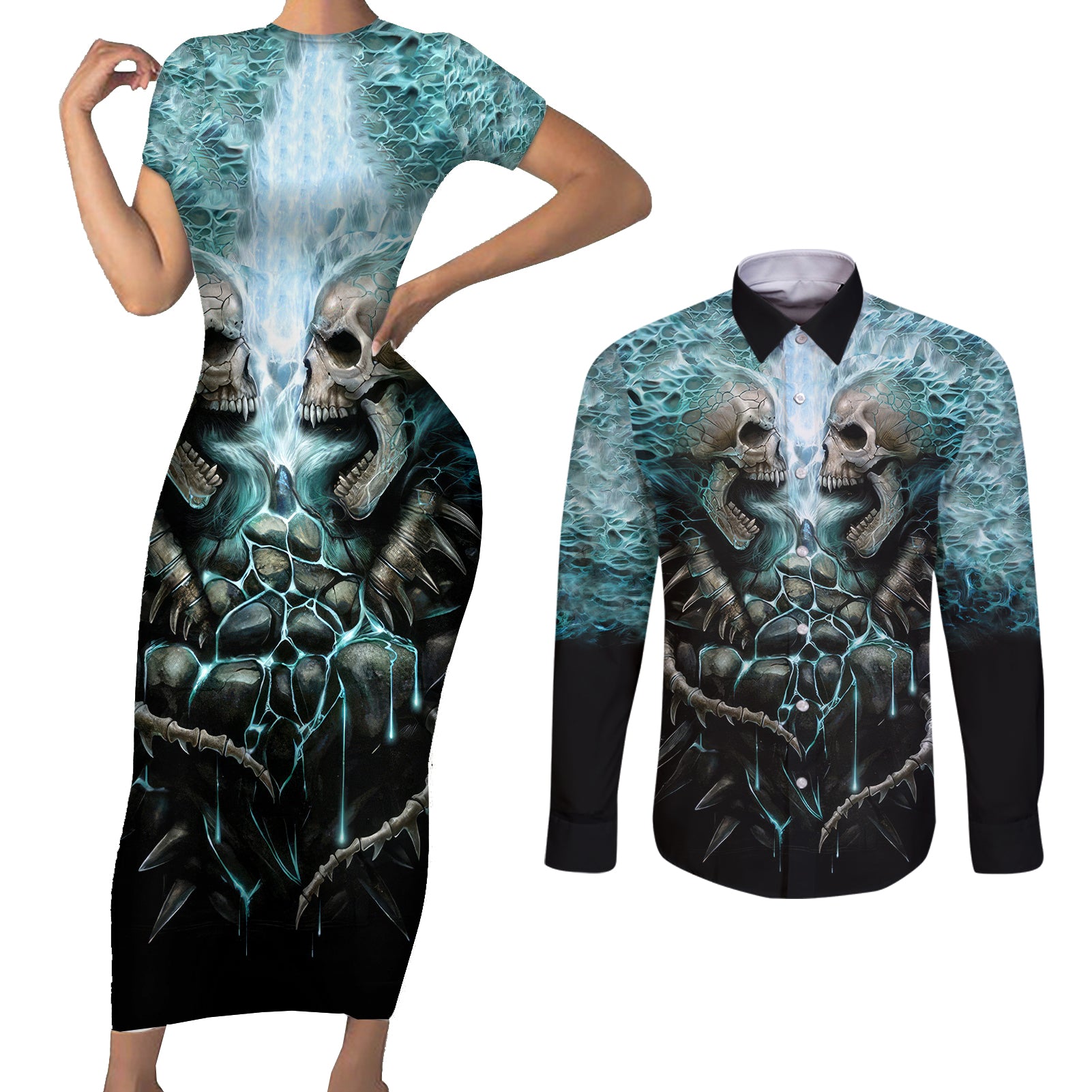 flame-twin-skull-couples-matching-short-sleeve-bodycon-dress-and-long-sleeve-button-shirts-skeleton-inside