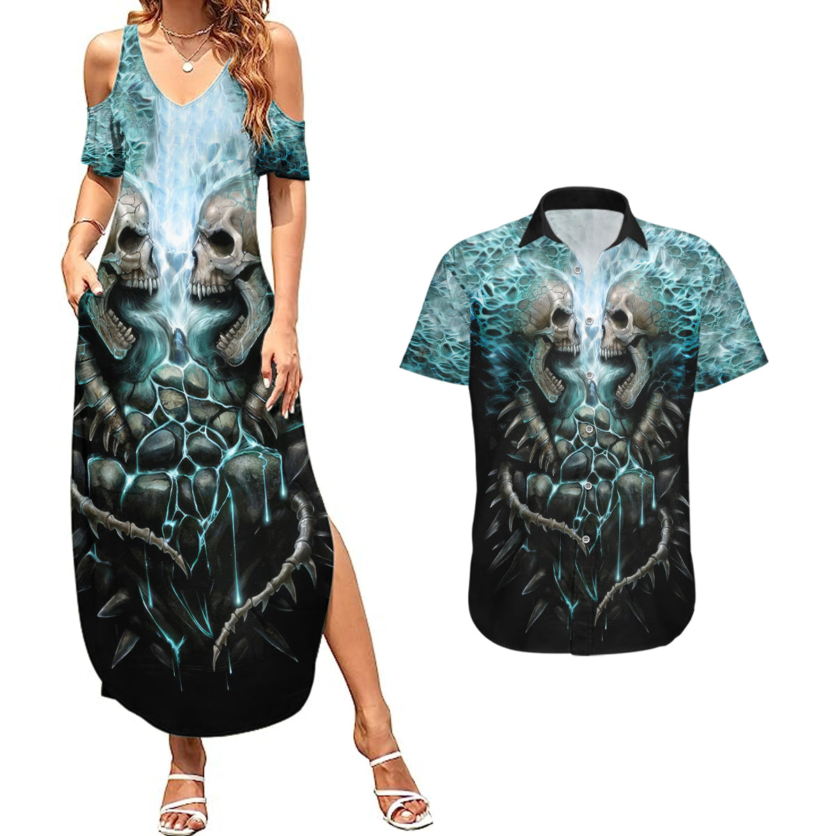 flame-twin-skull-couples-matching-summer-maxi-dress-and-hawaiian-shirt-skeleton-inside