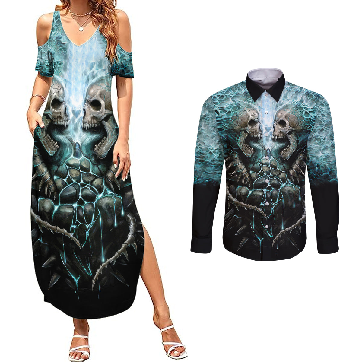 flame-twin-skull-couples-matching-summer-maxi-dress-and-long-sleeve-button-shirts-skeleton-inside