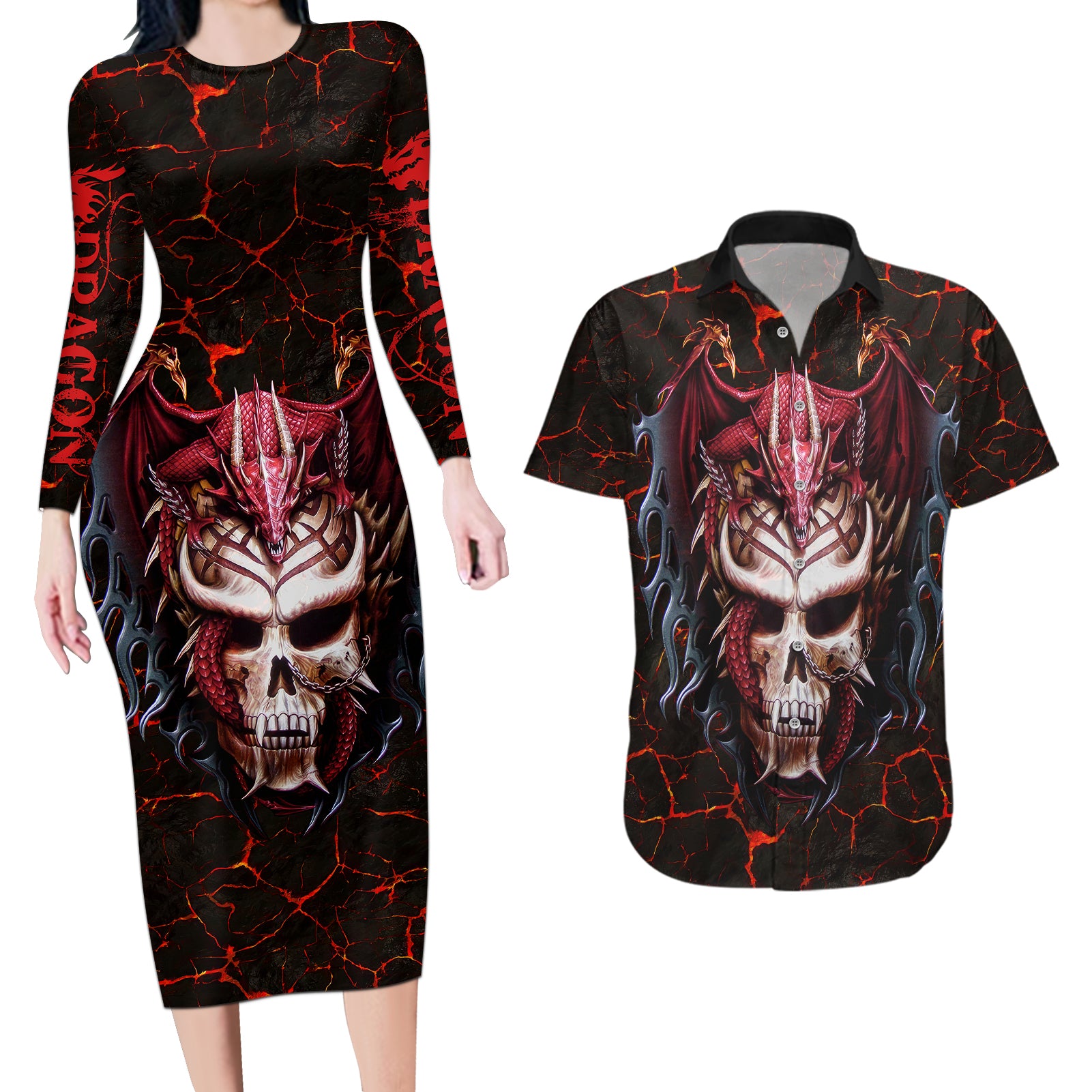 infernal-draconic-skull-couples-matching-long-sleeve-bodycon-dress-and-hawaiian-shirt-embracing-the-fiery-soul