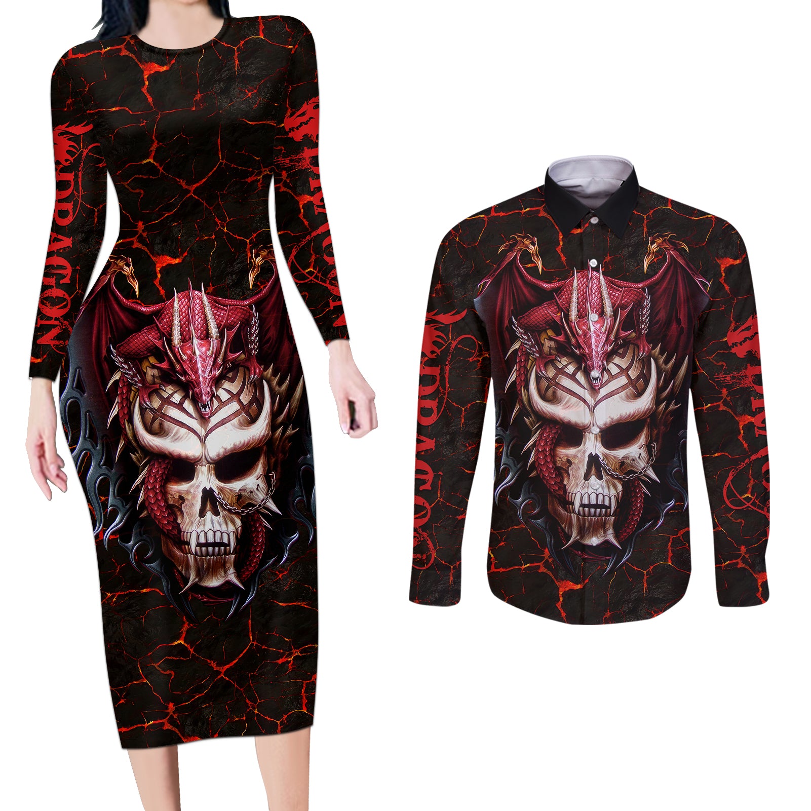 infernal-draconic-skull-couples-matching-long-sleeve-bodycon-dress-and-long-sleeve-button-shirts-embracing-the-fiery-soul