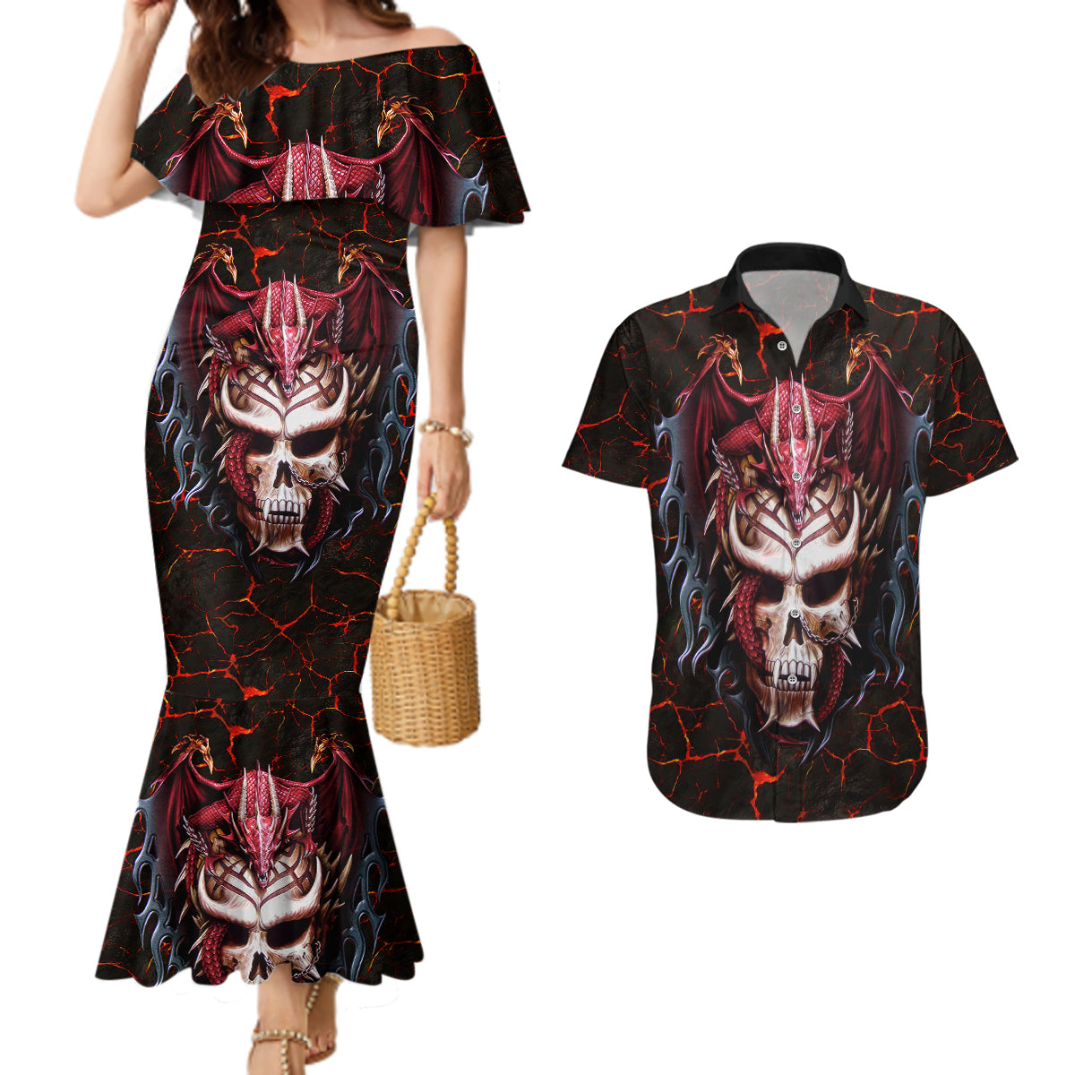 infernal-draconic-skull-couples-matching-mermaid-dress-and-hawaiian-shirt-embracing-the-fiery-soul