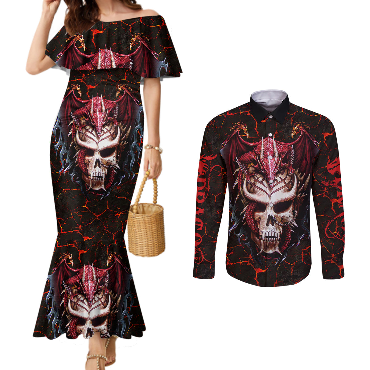 infernal-draconic-skull-couples-matching-mermaid-dress-and-long-sleeve-button-shirts-embracing-the-fiery-soul