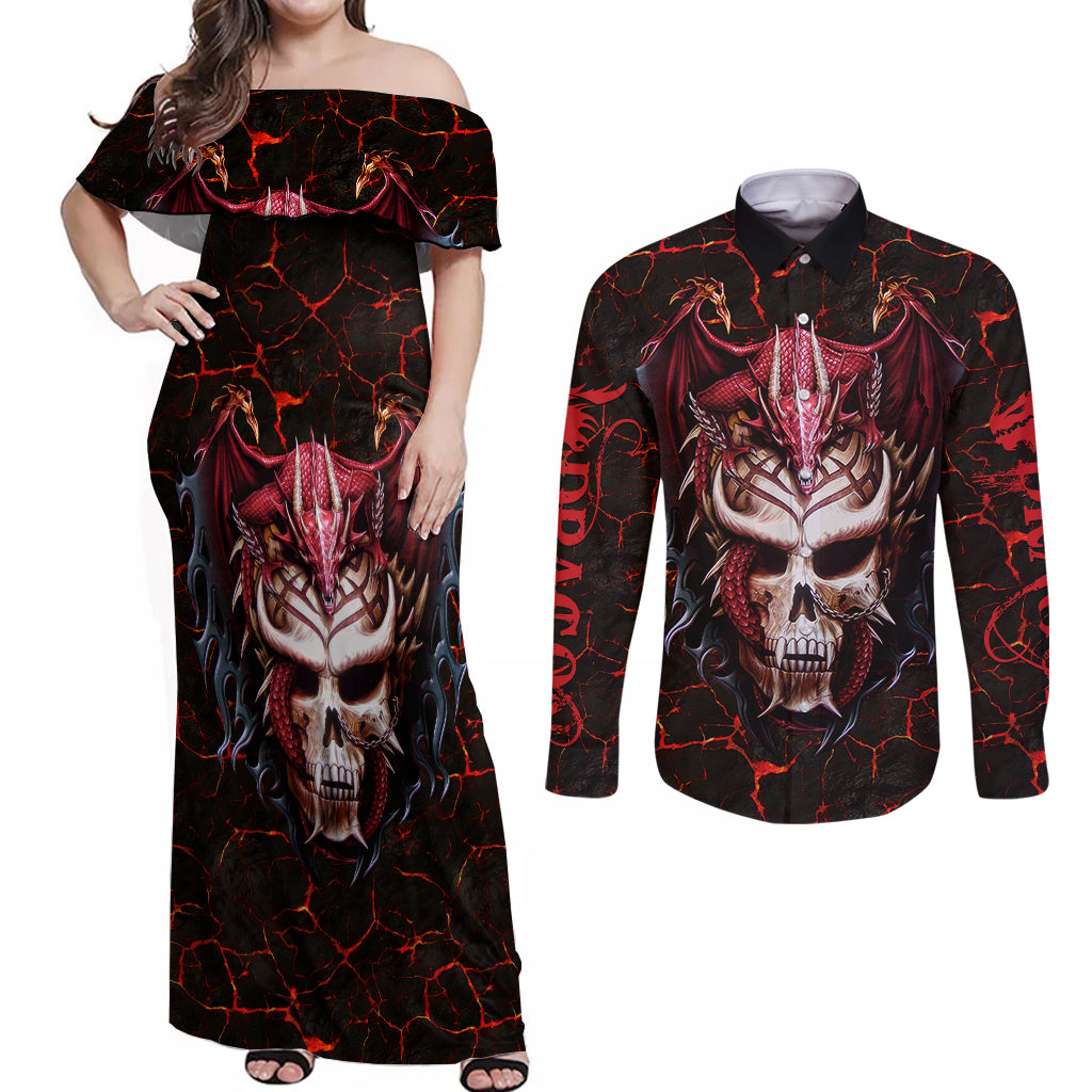 infernal-draconic-skull-couples-matching-off-shoulder-maxi-dress-and-long-sleeve-button-shirts-embracing-the-fiery-soul