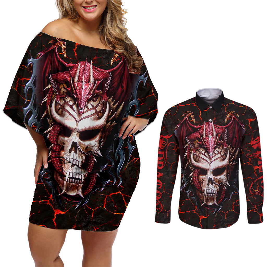 infernal-draconic-skull-couples-matching-off-shoulder-short-dress-and-long-sleeve-button-shirts-embracing-the-fiery-soul