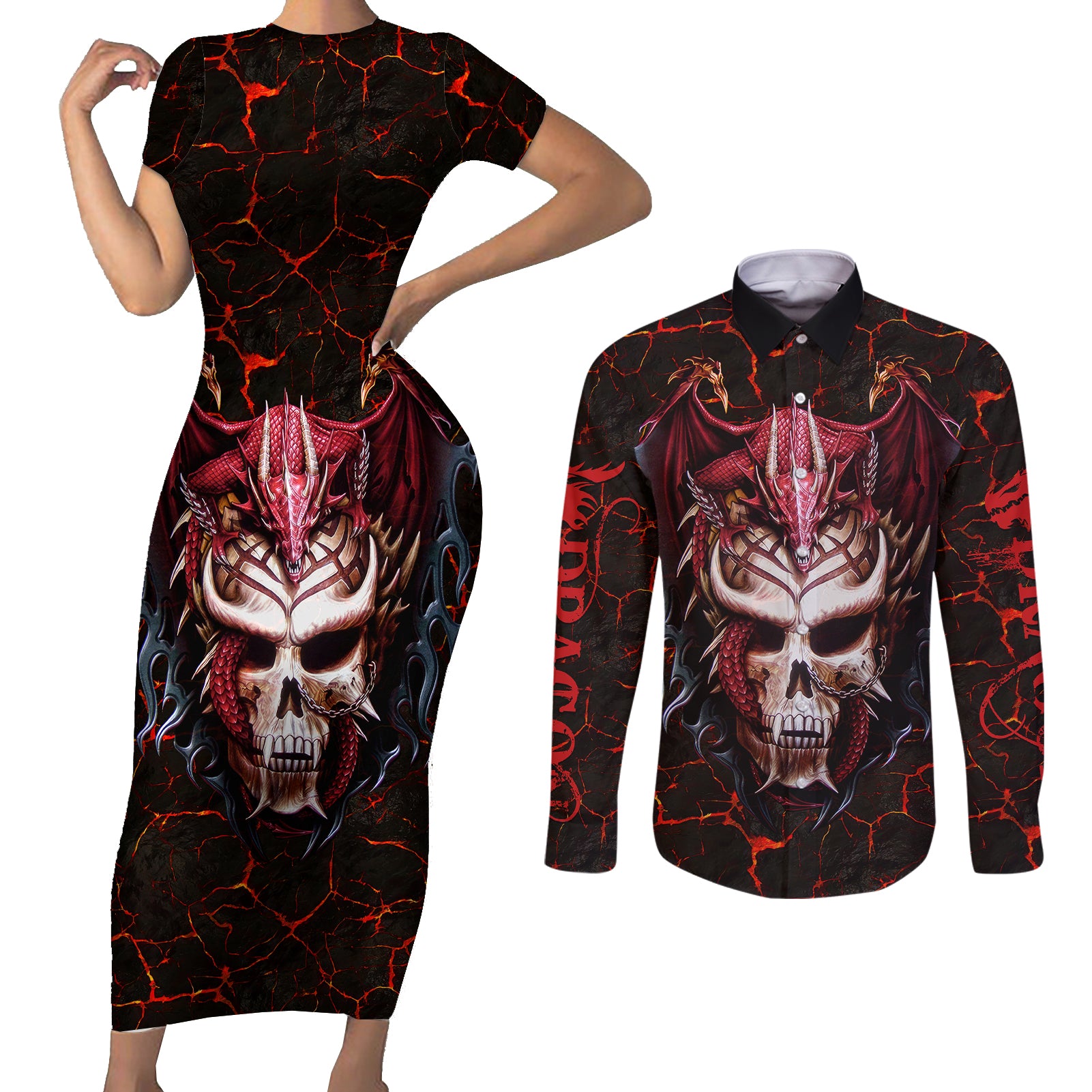 infernal-draconic-skull-couples-matching-short-sleeve-bodycon-dress-and-long-sleeve-button-shirts-embracing-the-fiery-soul