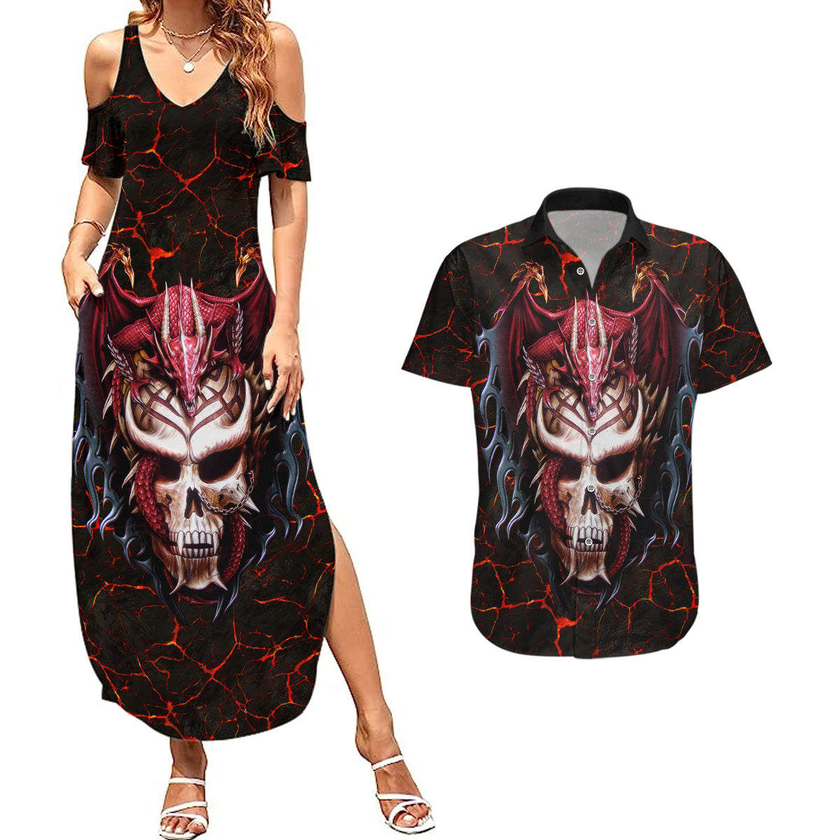 infernal-draconic-skull-couples-matching-summer-maxi-dress-and-hawaiian-shirt-embracing-the-fiery-soul