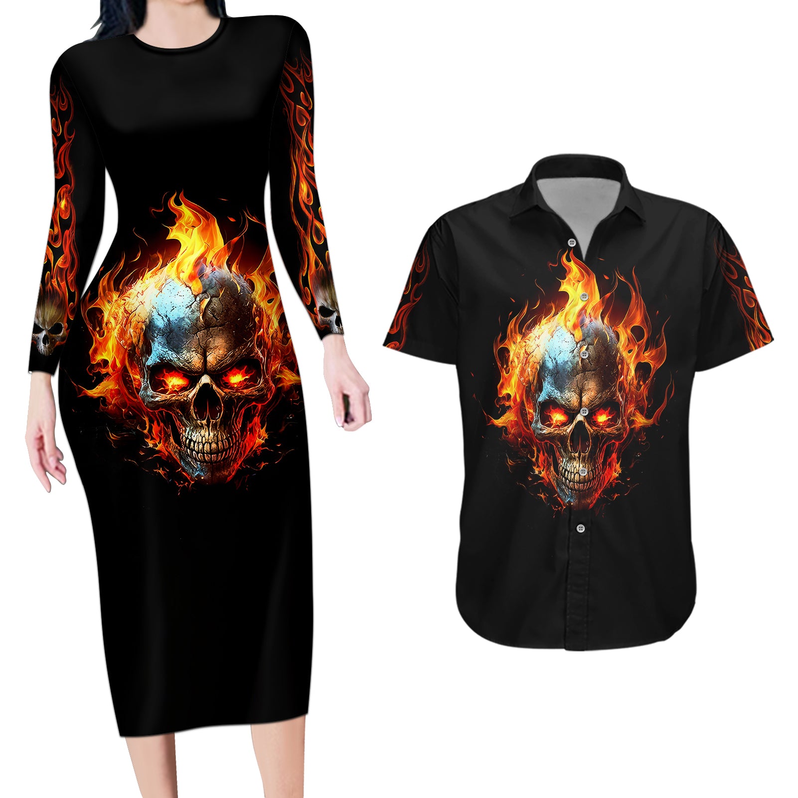 flaming-skull-couples-matching-long-sleeve-bodycon-dress-and-hawaiian-shirt-celestial-riders-with-angel-wings