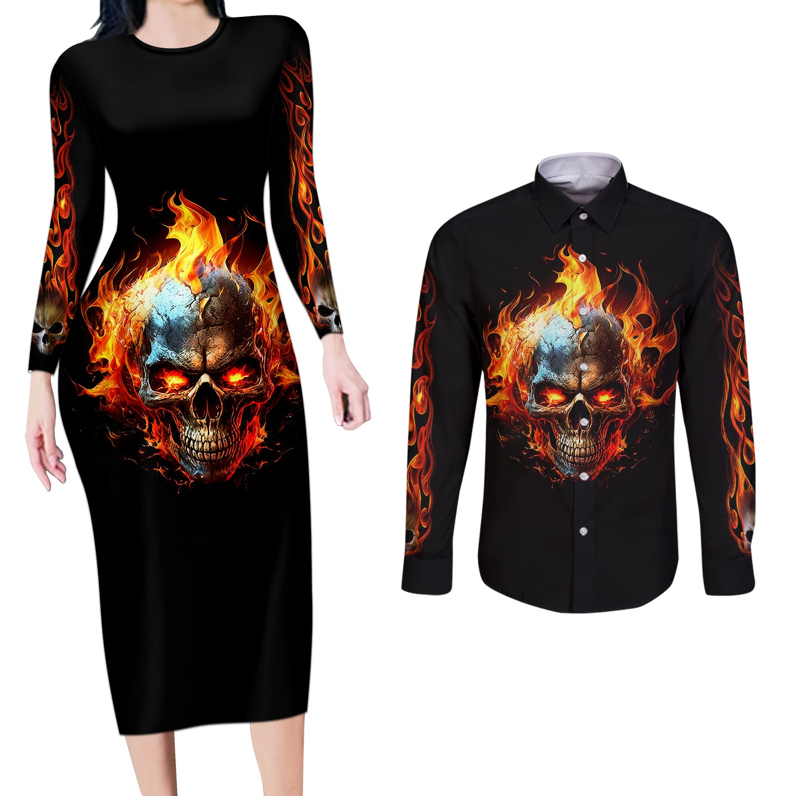 flaming-skull-couples-matching-long-sleeve-bodycon-dress-and-long-sleeve-button-shirts-celestial-riders-with-angel-wings