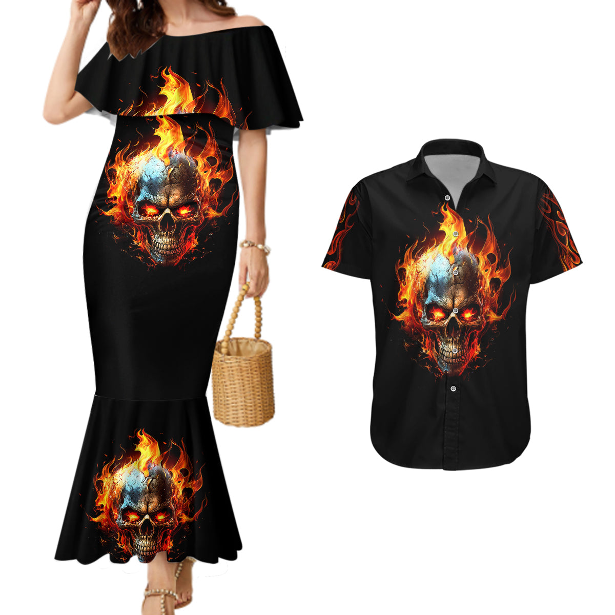 flaming-skull-couples-matching-mermaid-dress-and-hawaiian-shirt-celestial-riders-with-angel-wings