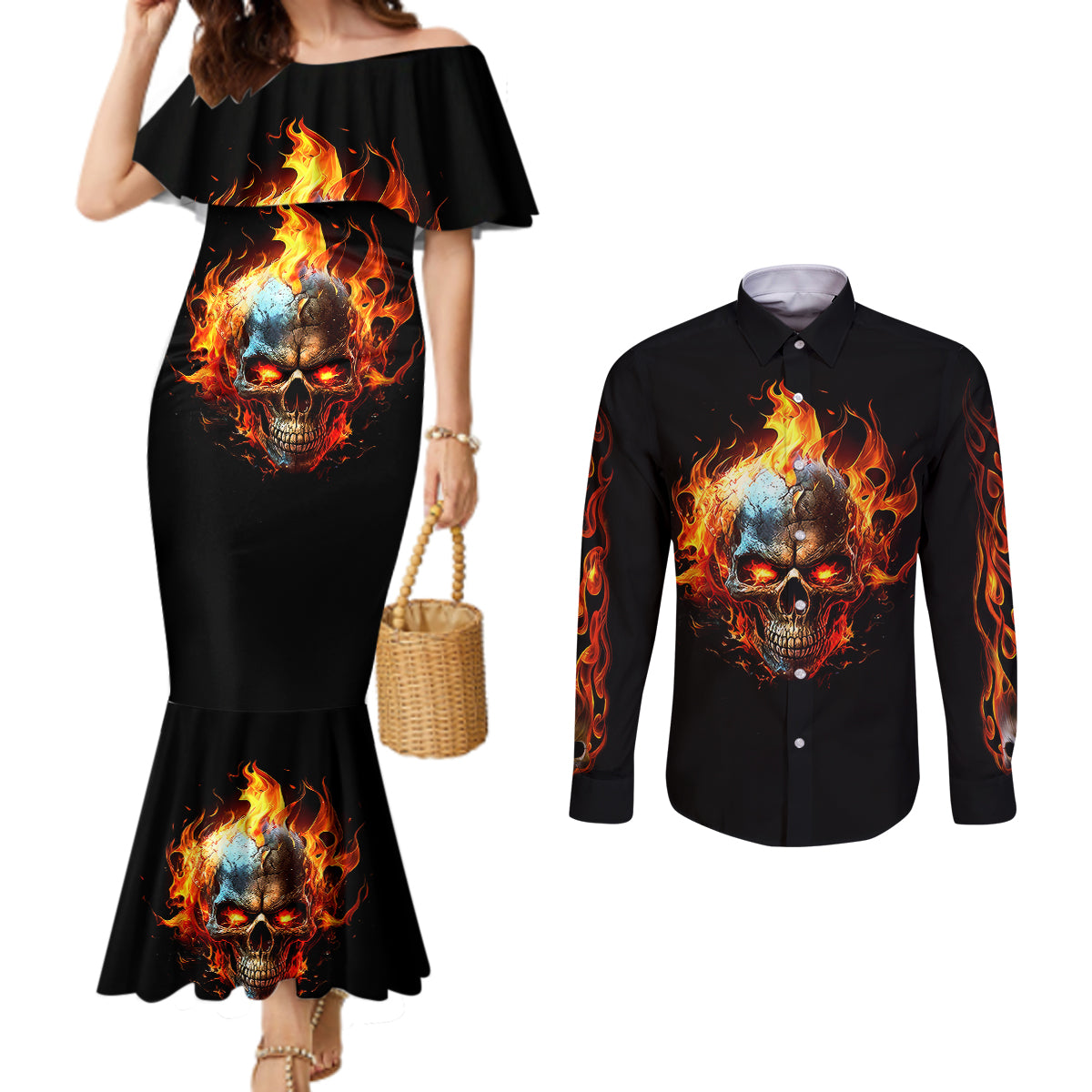 flaming-skull-couples-matching-mermaid-dress-and-long-sleeve-button-shirts-celestial-riders-with-angel-wings