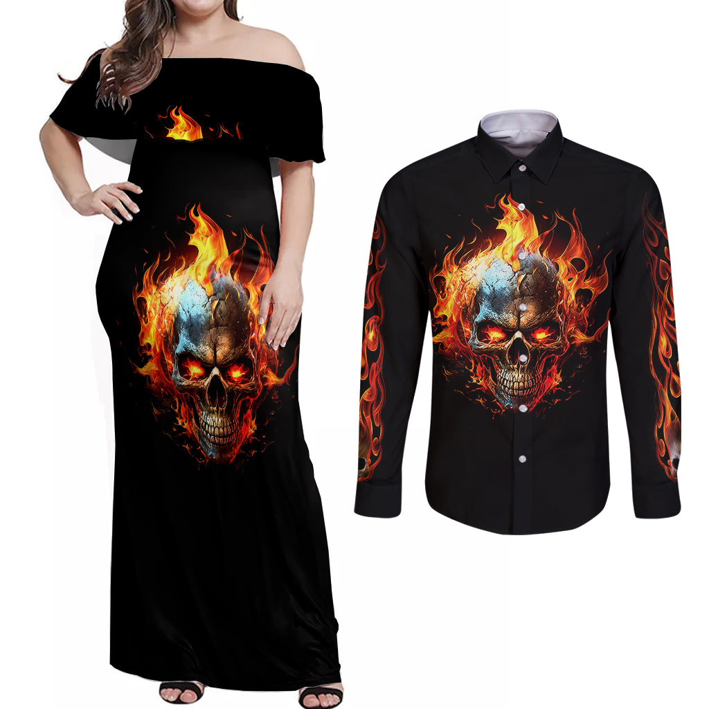 flaming-skull-couples-matching-off-shoulder-maxi-dress-and-long-sleeve-button-shirts-celestial-riders-with-angel-wings