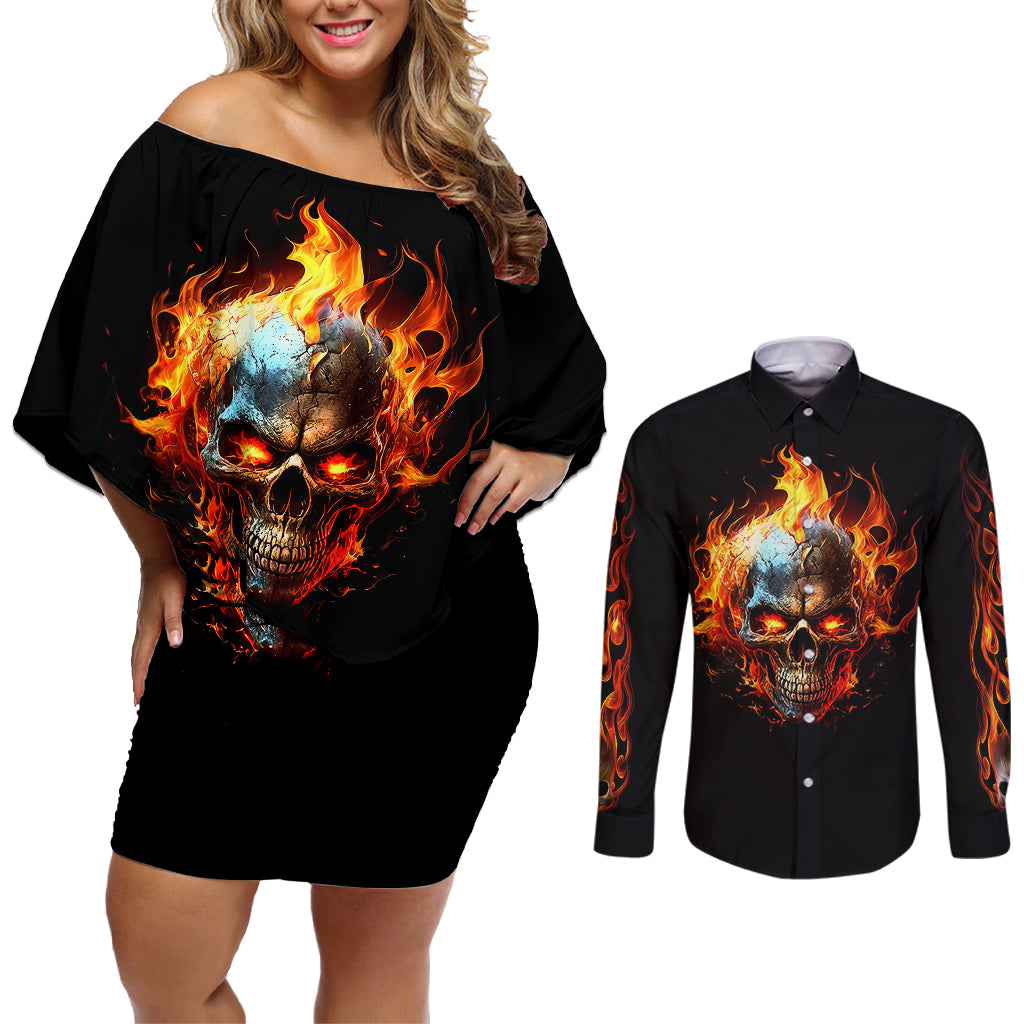 flaming-skull-couples-matching-off-shoulder-short-dress-and-long-sleeve-button-shirts-celestial-riders-with-angel-wings