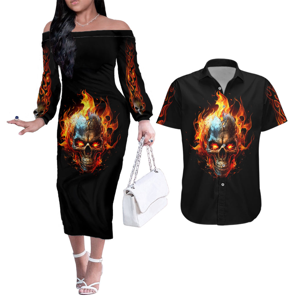 flaming-skull-couples-matching-off-the-shoulder-long-sleeve-dress-and-hawaiian-shirt-celestial-riders-with-angel-wings