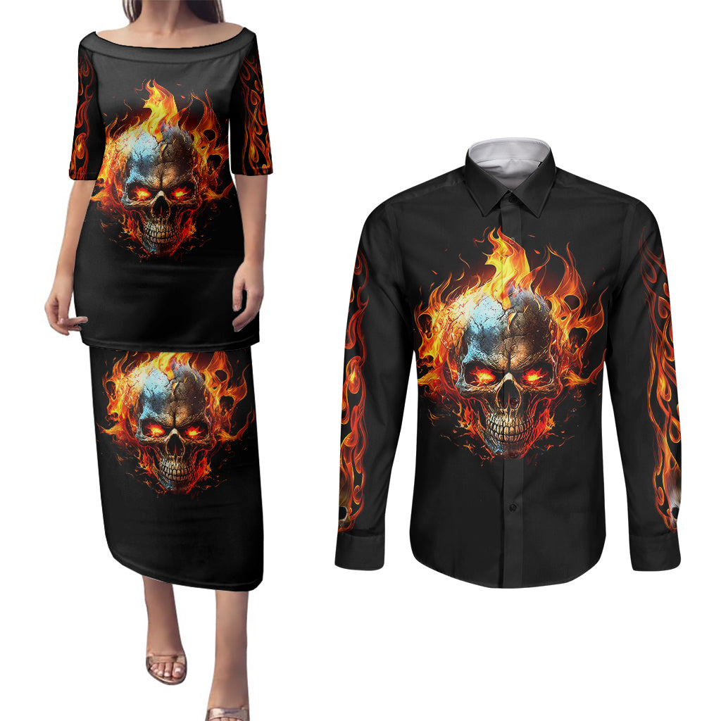 flaming-skull-couples-matching-puletasi-dress-and-long-sleeve-button-shirts-celestial-riders-with-angel-wings