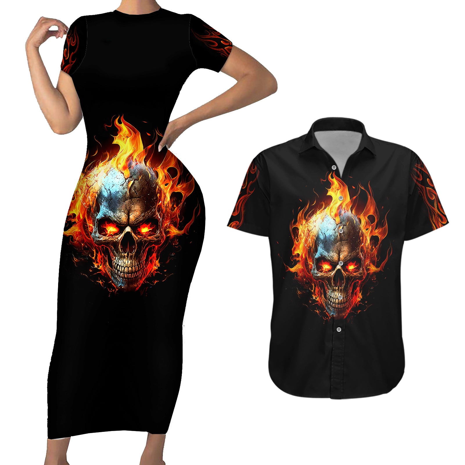 flaming-skull-couples-matching-short-sleeve-bodycon-dress-and-hawaiian-shirt-celestial-riders-with-angel-wings