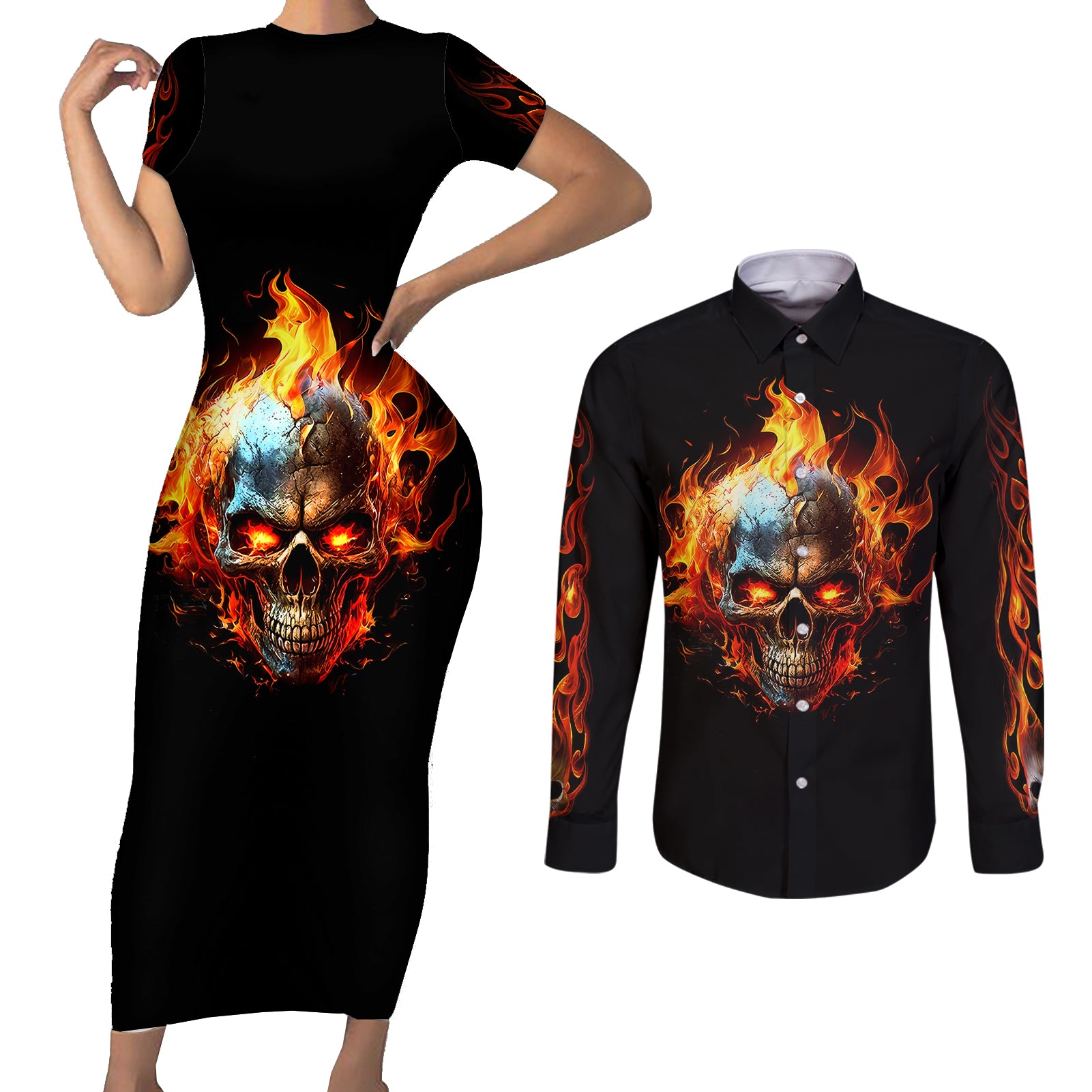 flaming-skull-couples-matching-short-sleeve-bodycon-dress-and-long-sleeve-button-shirts-celestial-riders-with-angel-wings