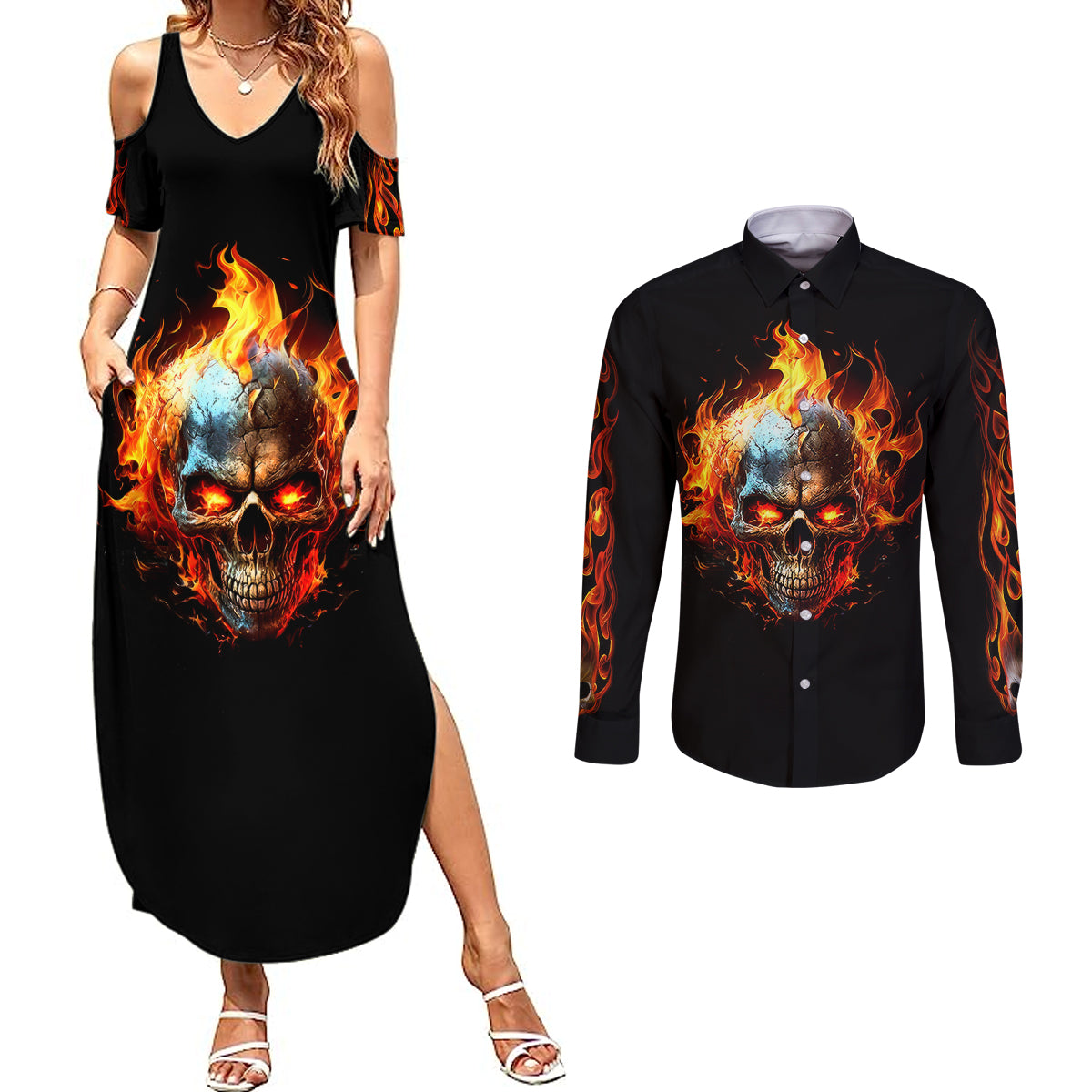 flaming-skull-couples-matching-summer-maxi-dress-and-long-sleeve-button-shirts-celestial-riders-with-angel-wings